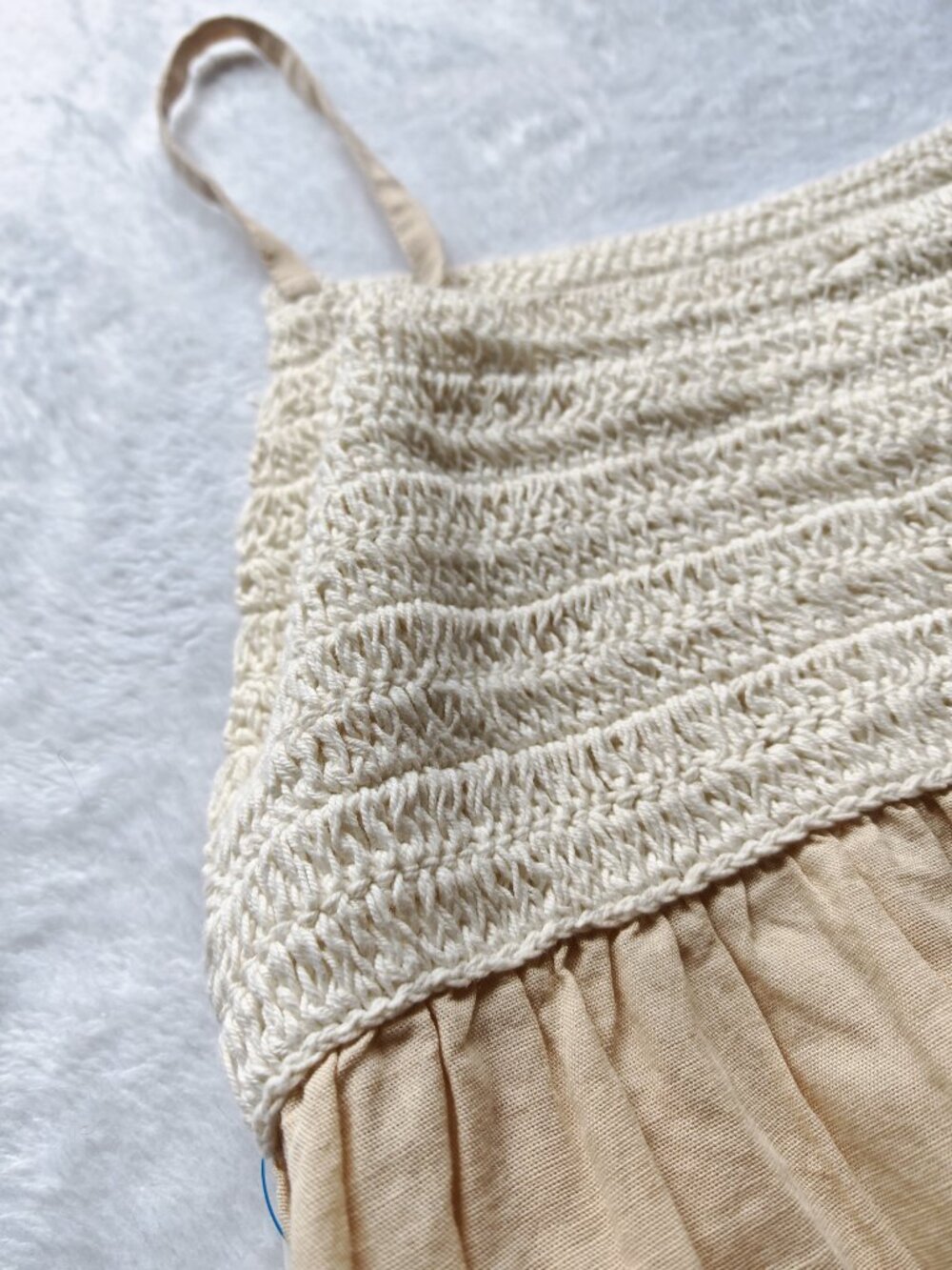 ZARA Beige Cotton Linen Midi Dress Size L Smocked Bodice Pockets Coastal Boho - Picture 13 of 13
